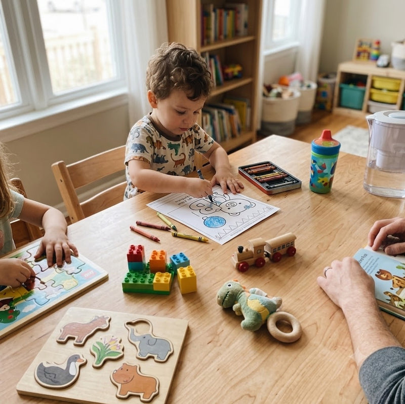 Child doing worksheets with parent